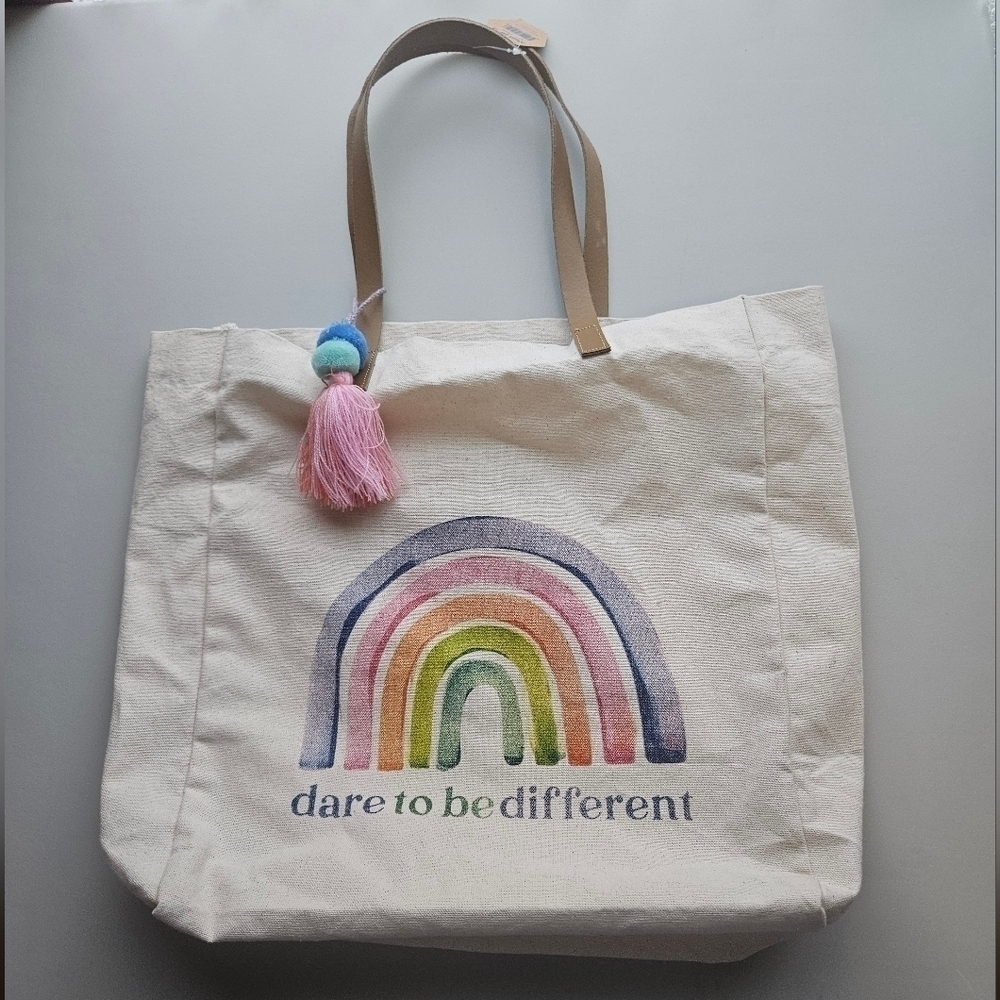 NWT iDesign by Ilene Segal Canvas Pompom Tote Dare To Be Different